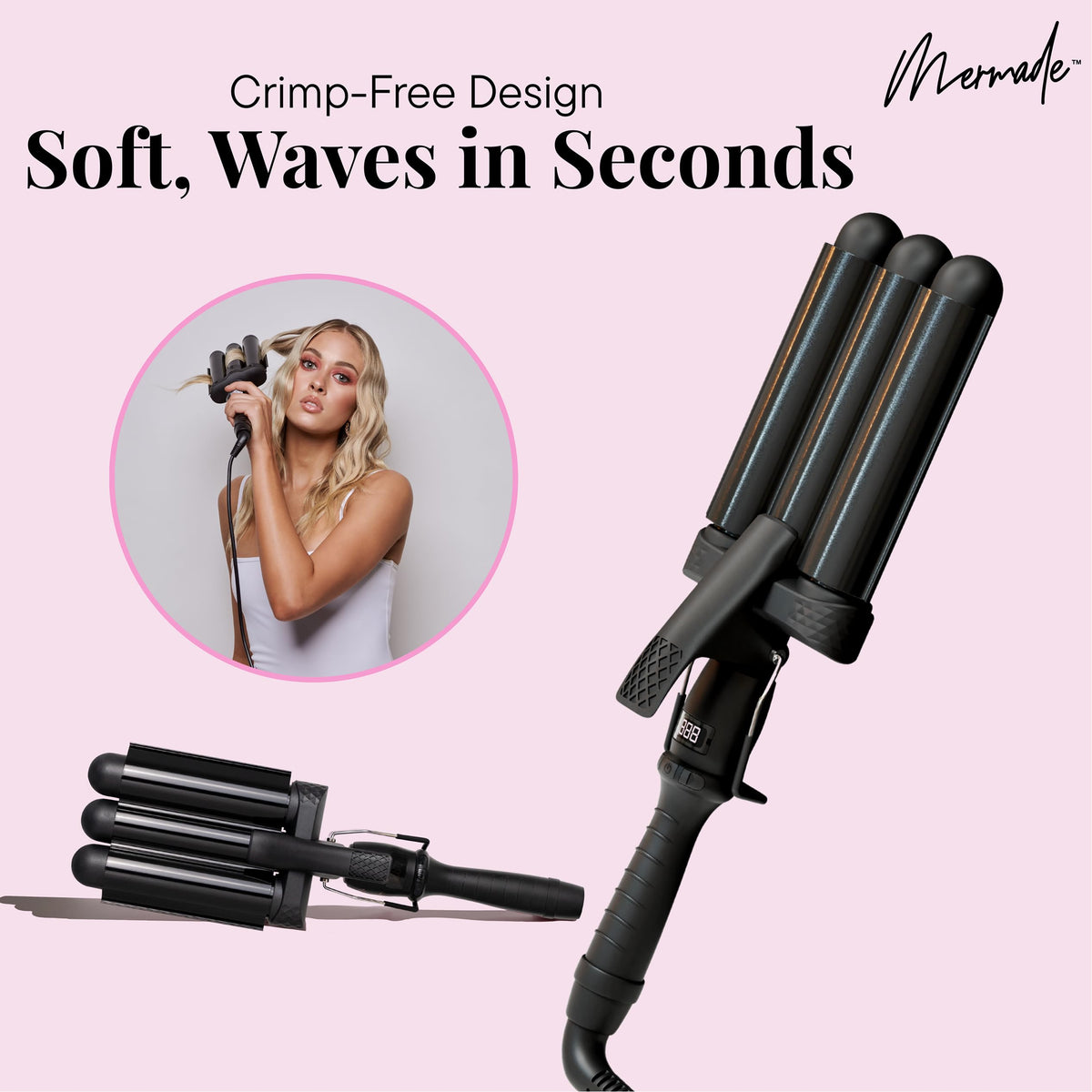 Ceramic-barrel close-up on the black Mermade waver highlights smooth heat surface.