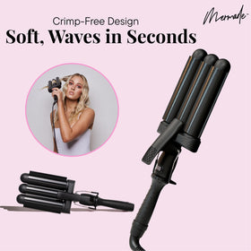 Ceramic-barrel close-up on the black Mermade waver highlights smooth heat surface.