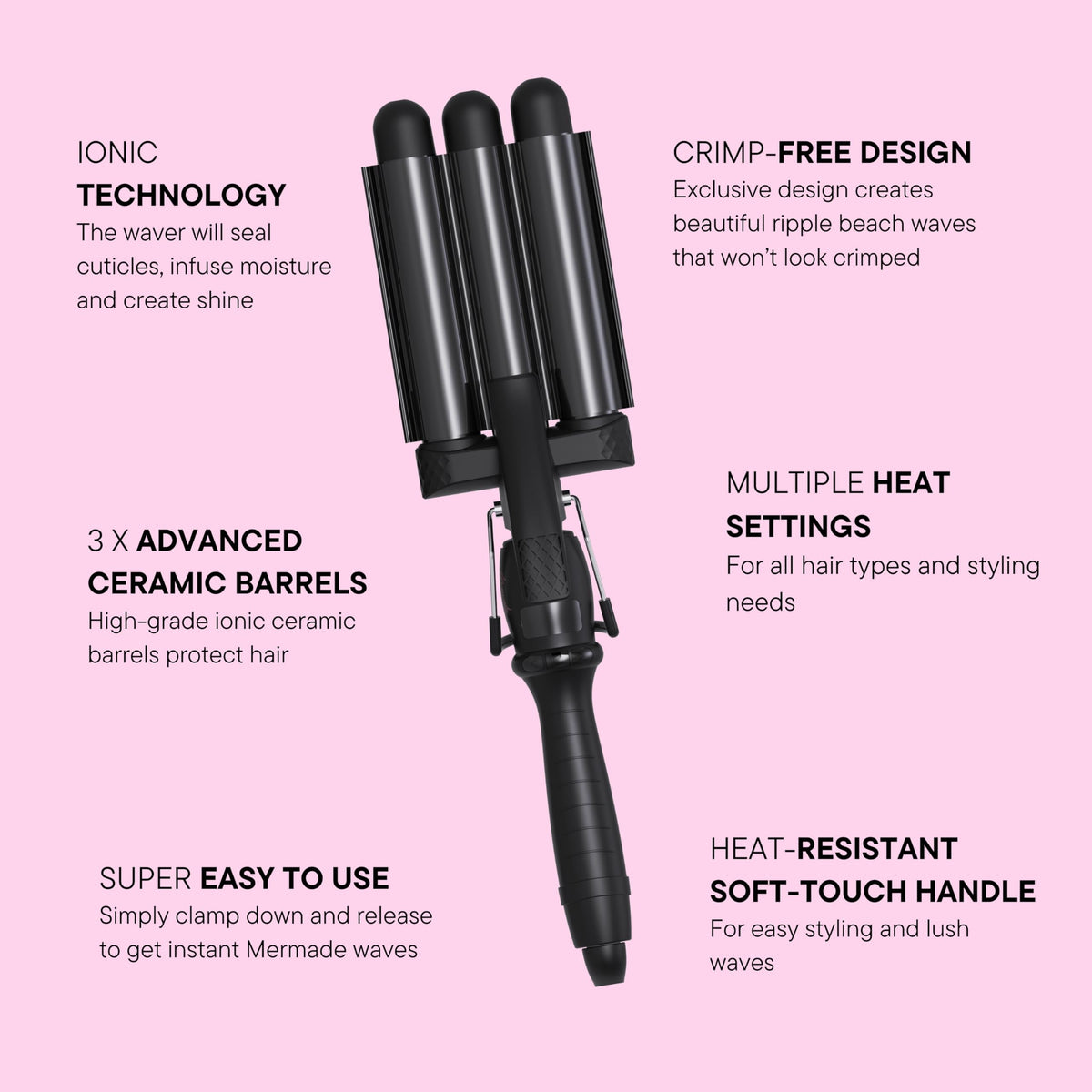 Ergonomic black handle of the Mermade PRO Waver in use.