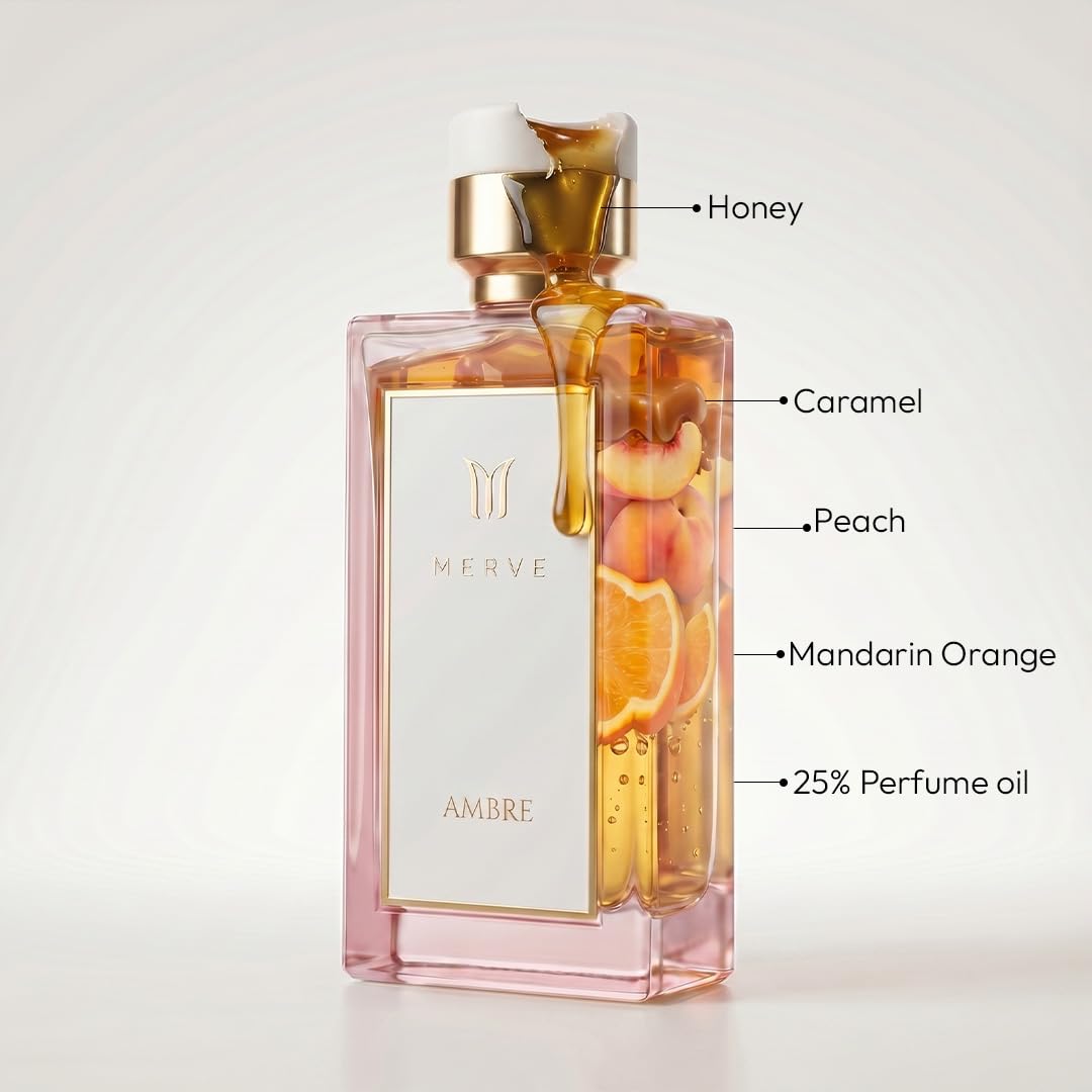 Merve Ambre perfume bottle angled highlight premium glass and warm amber hues