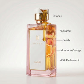Merve Ambre perfume bottle angled highlight premium glass and warm amber hues