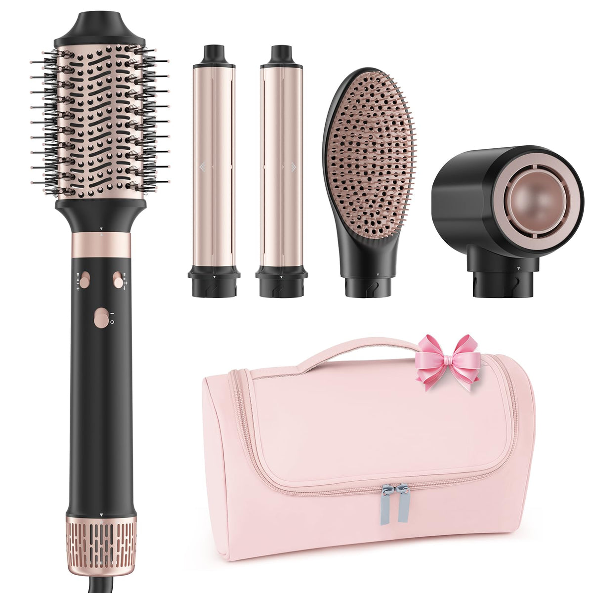 MESCOMB dual voltage 5-in-1 hair styler, travel-ready for quick styling.