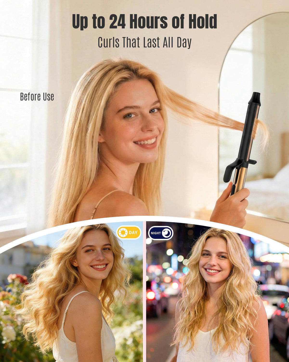 MESCOMB salon-inspired volume by curling larger sections in a single pass.