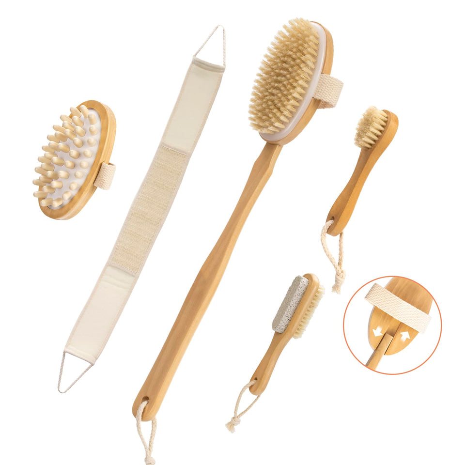 Mesiiloly long-handle dry brush for full-body exfoliation and lymphatic support.
