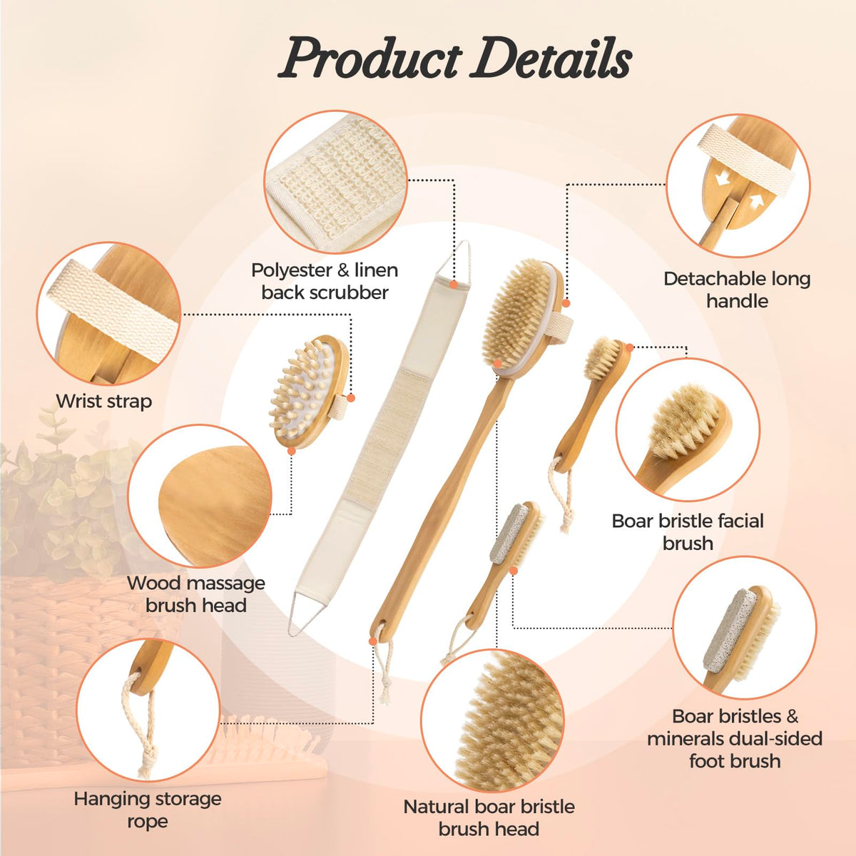 Mesiiloly massage brush head stimulates circulation during dry brushing.