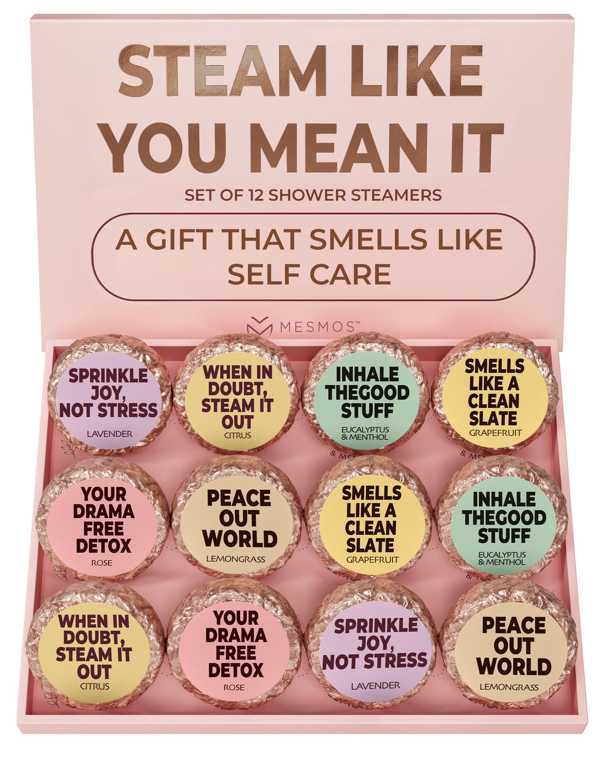 MESMOS 12-assorted shower steamers boxed set for mindful self-care