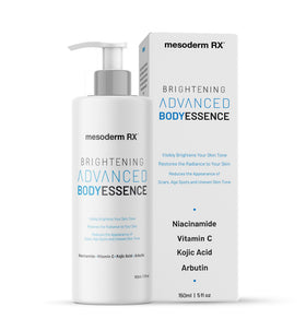 Mesoderm RX Advanced BodyEssence bottle front view highlighting premium brightening formula.