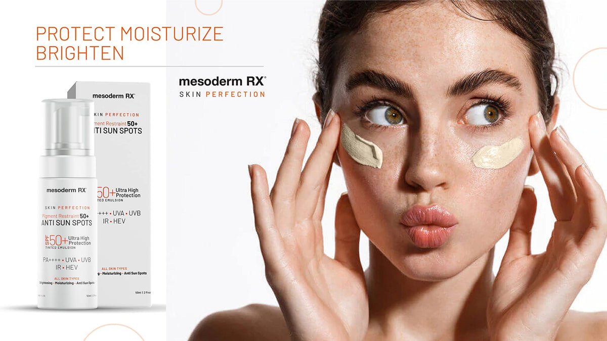 Mesoderm RX even-tone skin close-up emphasizes radiant, hydrated appearance.