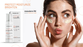 Mesoderm RX even-tone skin close-up emphasizes radiant, hydrated appearance.