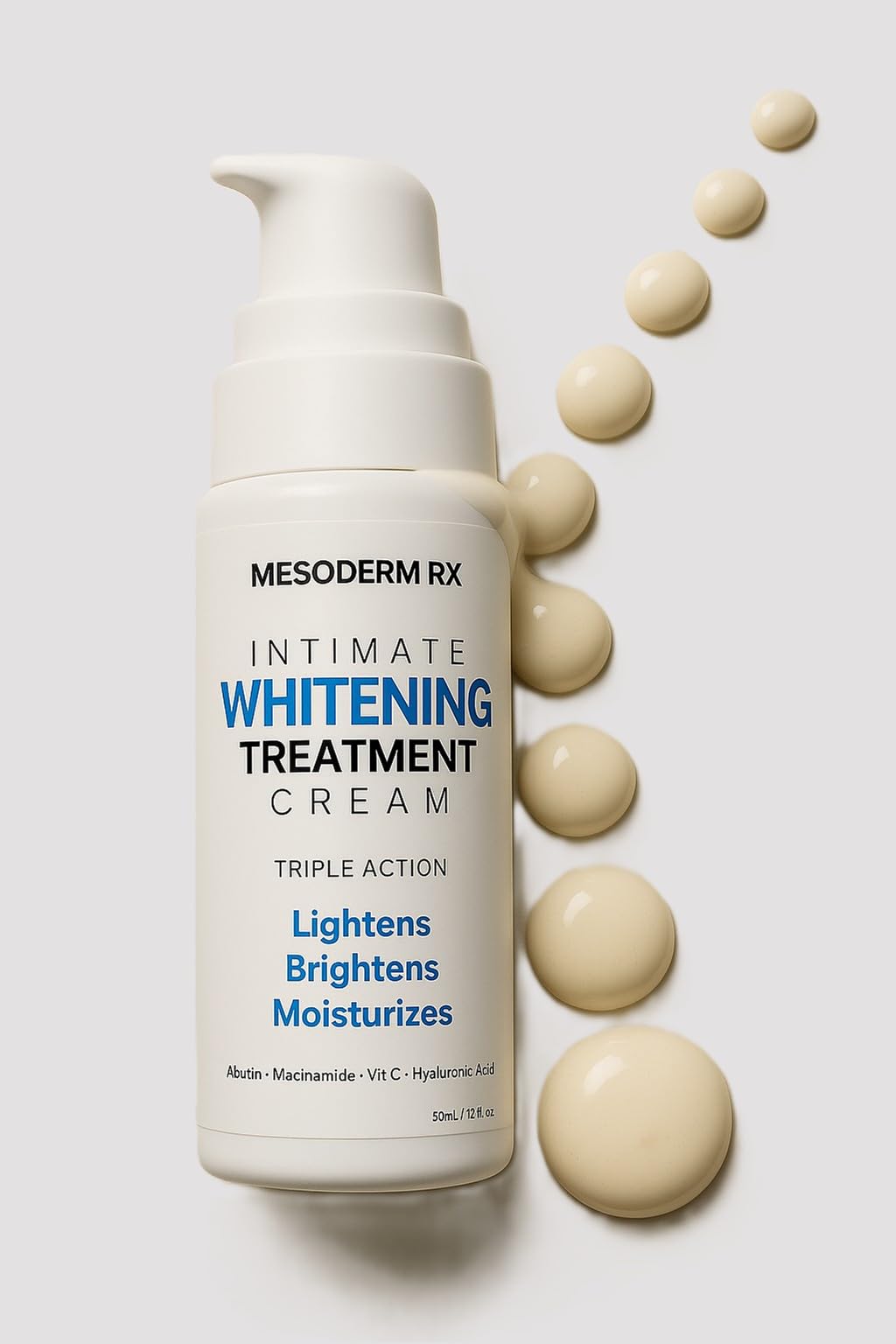 Mesoderm RX intimate whitening cream 2oz bottle close-up suggesting brighter, even-toned skin.