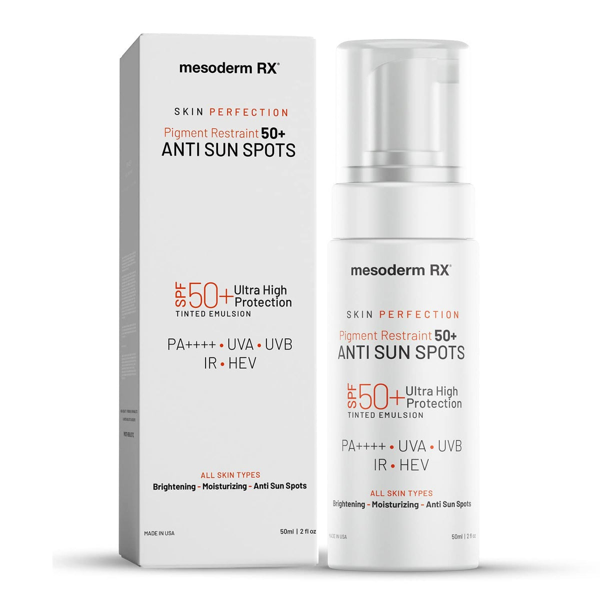 Mesoderm RX Pigment Restraint bottle shows fast-absorbing, non-greasy formula for even-toned skin.