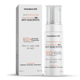 Mesoderm RX Pigment Restraint bottle shows fast-absorbing, non-greasy formula for even-toned skin.