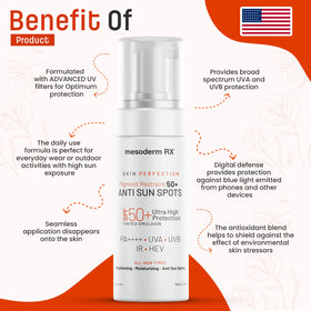 Mesoderm RX Ultra Protection sunblock bottle offers shield against UV, HEV, and blue light.