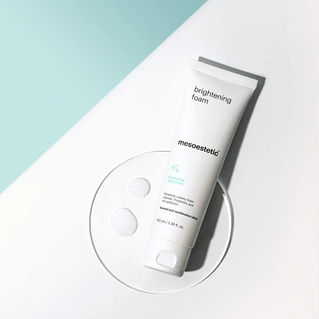 Mesoestetic Brightening Foam foam lather shows creamy texture for gentle cleansing