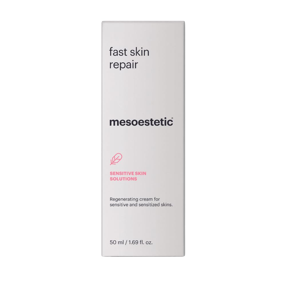 Mesoestetic Fast Skin Repair application on skin illustrates gentle, soothing post-procedure use.