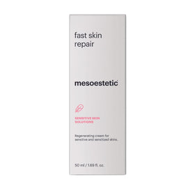 Mesoestetic Fast Skin Repair application on skin illustrates gentle, soothing post-procedure use.