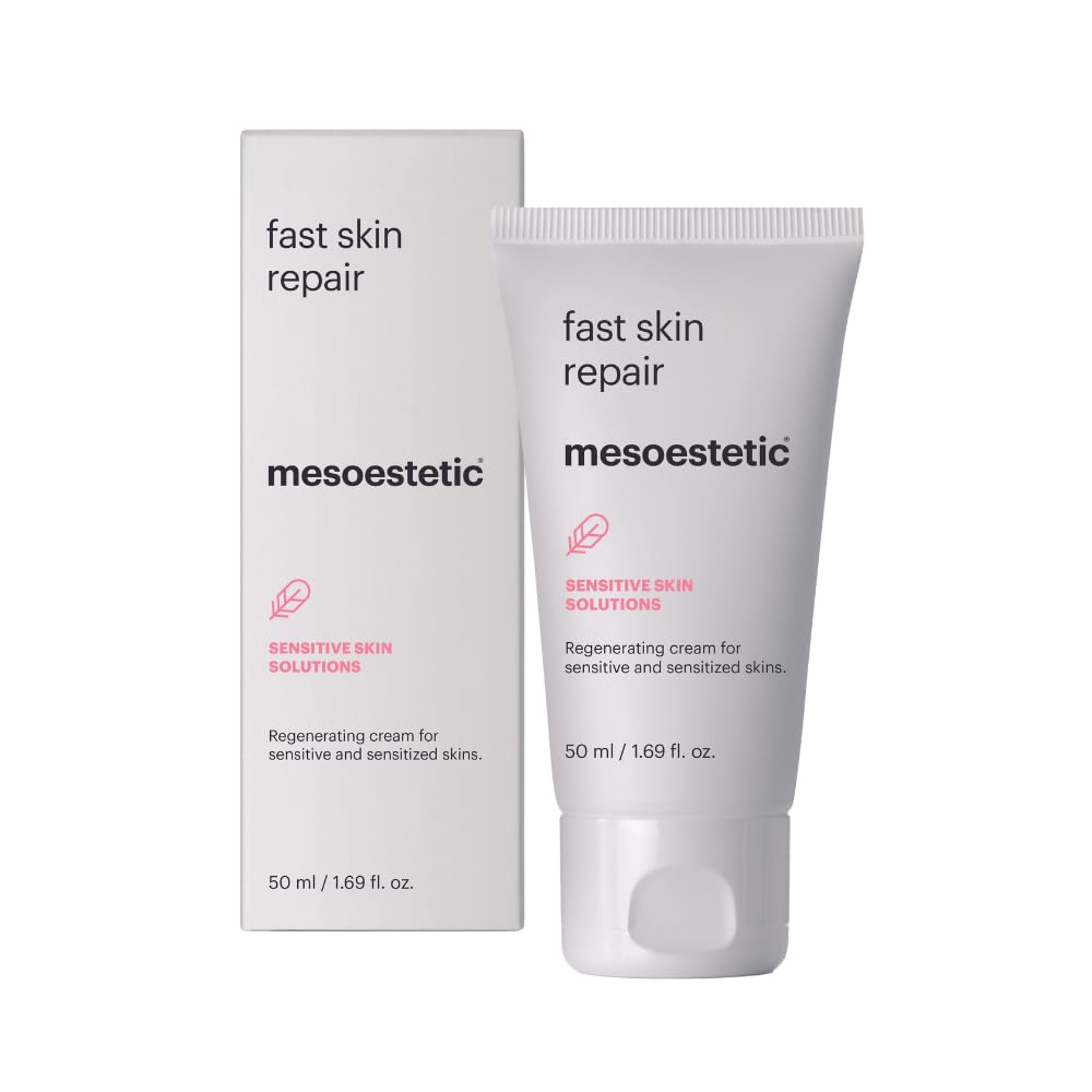 Mesoestetic Fast Skin Repair cream swirl demonstrates rich texture for calming care.