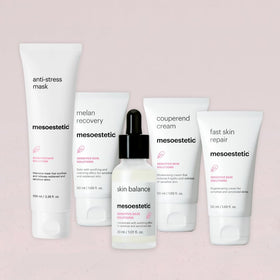 Mesoestetic Fast Skin Repair packaging box highlights clinical-grade post-care solution.