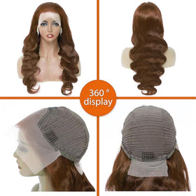 METDIO 13x6 chocolate brown wig on model demonstrates natural movement.