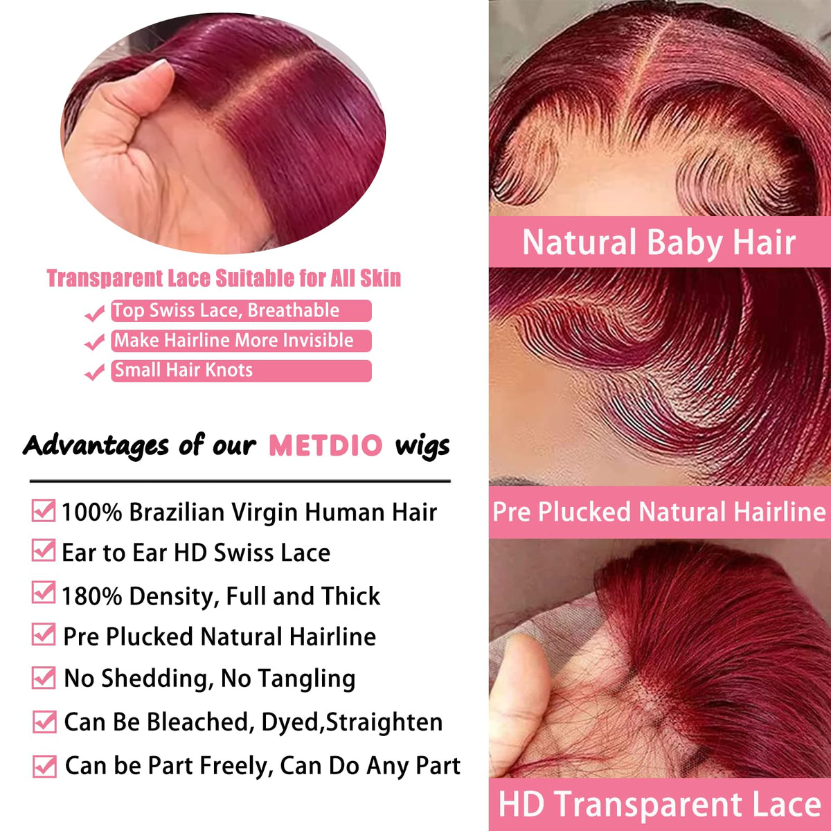 METDIO burgundy wig pre-plucked natural hairline enables seamless parting.