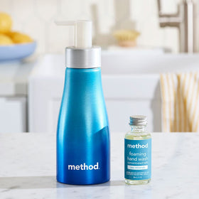 Method aluminum bottle with Sea Minerals label emphasizes sturdy, recyclable packaging.