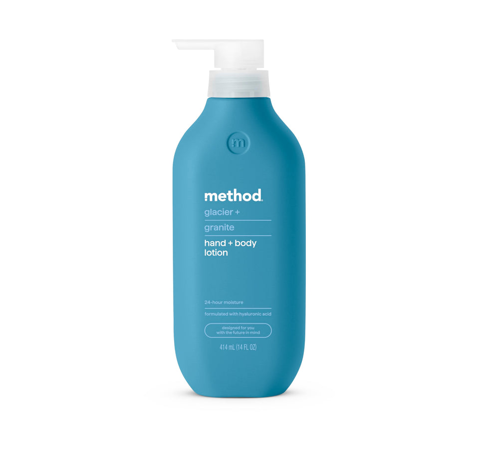Method Glacier + Granite body lotion bottle with 24-hour hydration for soft skin.