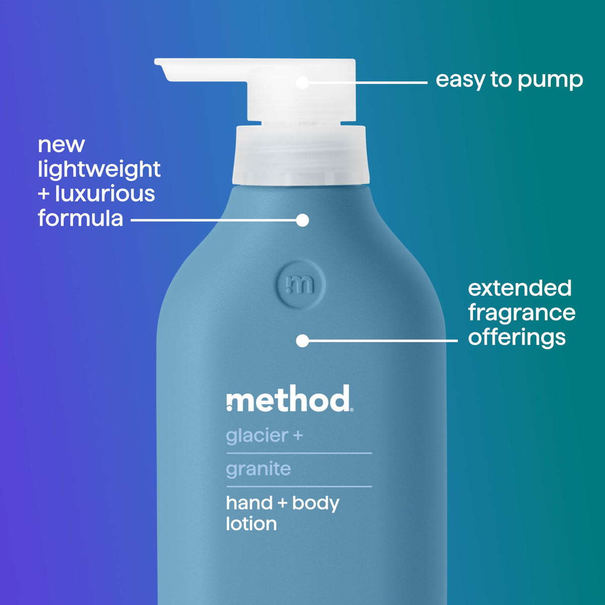 Method Body Lotion hyaluronic acid formula emphasizes skin hydration and smoothness.