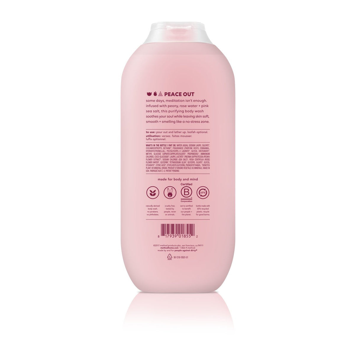 Method Pure Peace foamy lather close-up shows pink sea salt