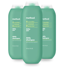Method Daily Zen Shampoo bottle pour shows lightweight cleansing for all hair types.
