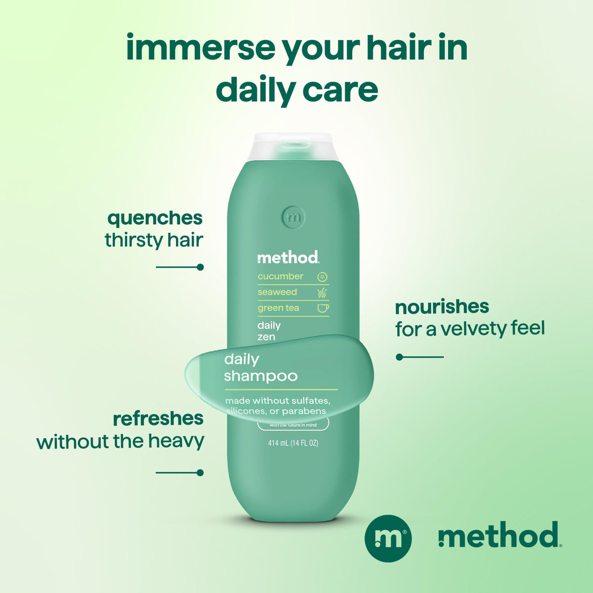 Method Daily Zen Shampoo seaweed extract provides minerals to nurture strands.