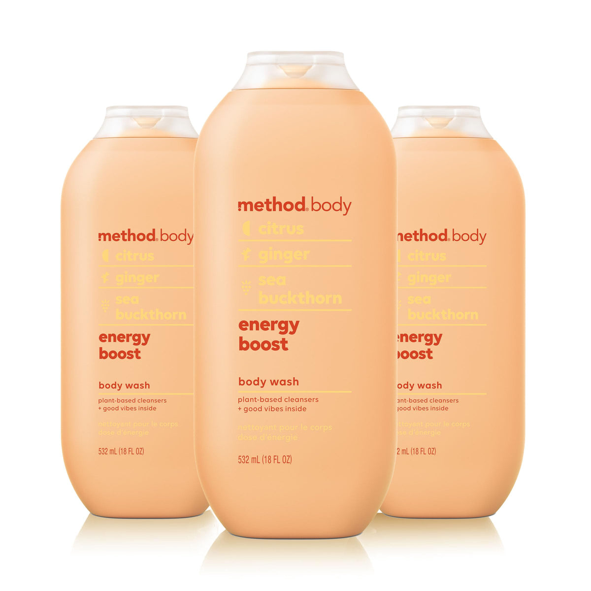 Method Energy Boost bottle front view emphasizes citrus-ginger scent and recyclable packaging