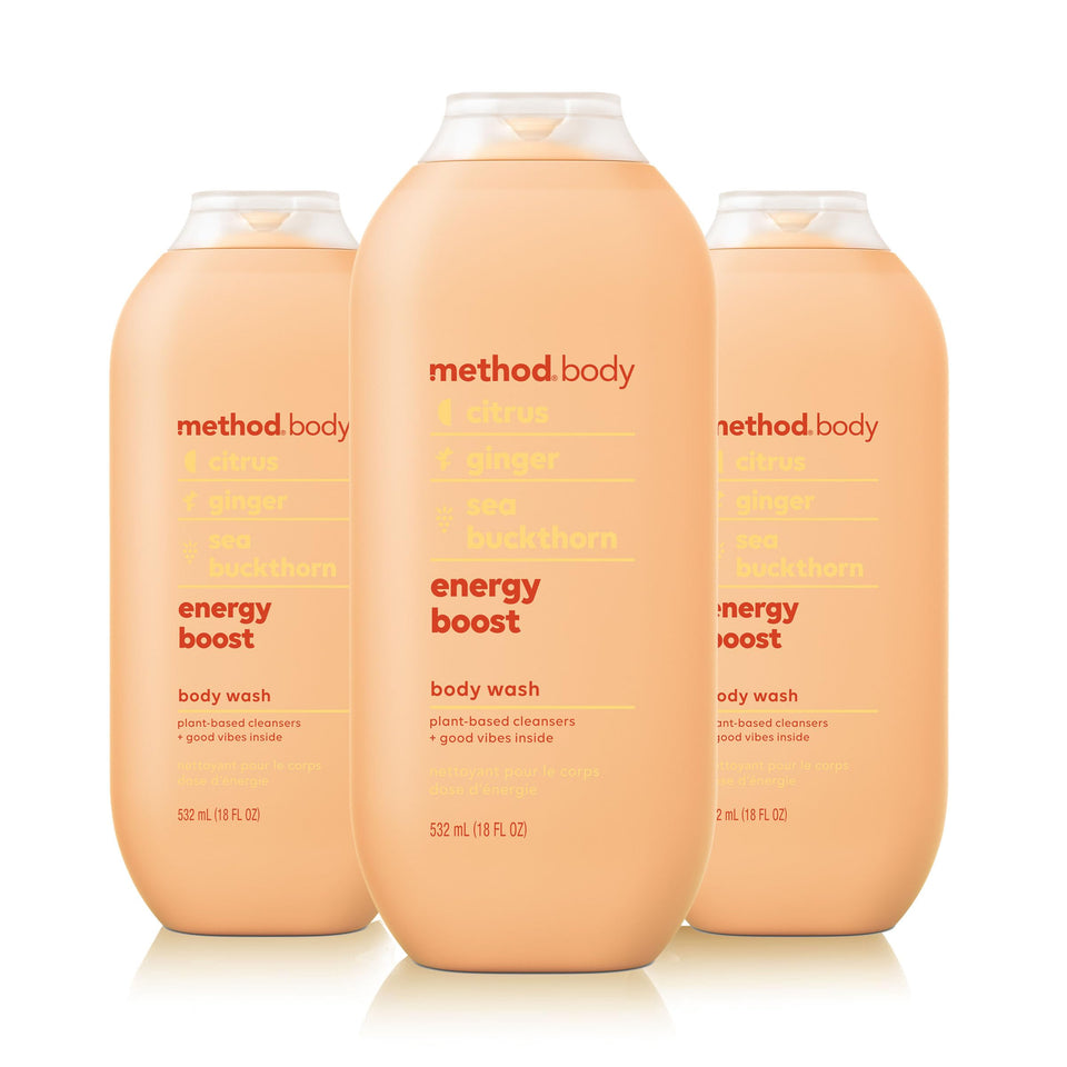 Method Energy Boost bottle front view emphasizes citrus-ginger scent and recyclable packaging