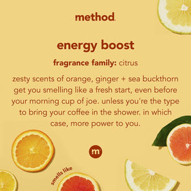 Method Energy Boost bottle pour demonstrates refreshing lather for an energizing shower