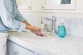 Method Gel Hand Soap Pink Grapefruit hand lather closeup, leaves hands clean.