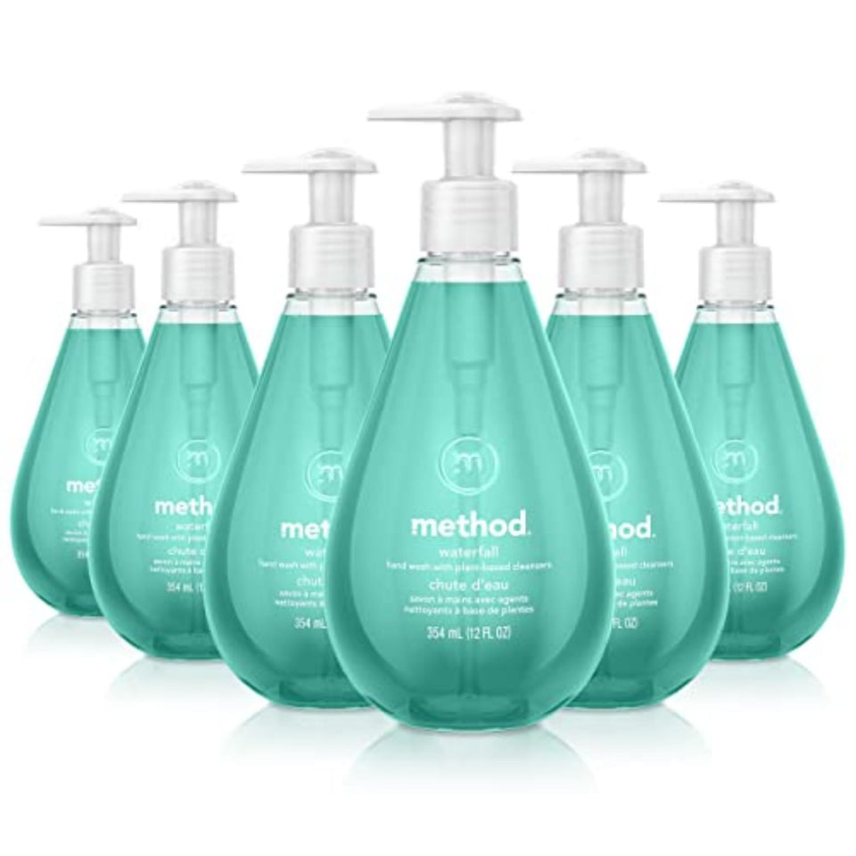 Method Waterfall hand soap bottles, pack of six, for soft, clean hands.