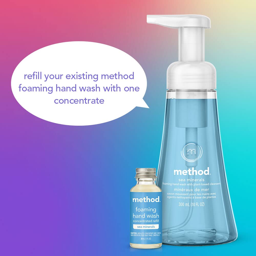 Method glass bottle with recyclable packaging shown for eco conscious shoppers.