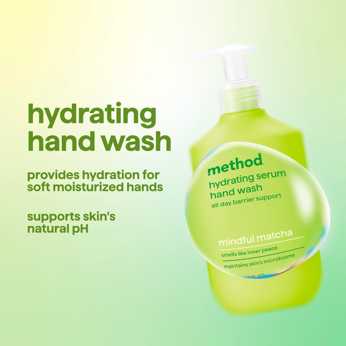 Method Hydrating Serum Hand Wash pump dispensing a creamy lather for daily cleansing.