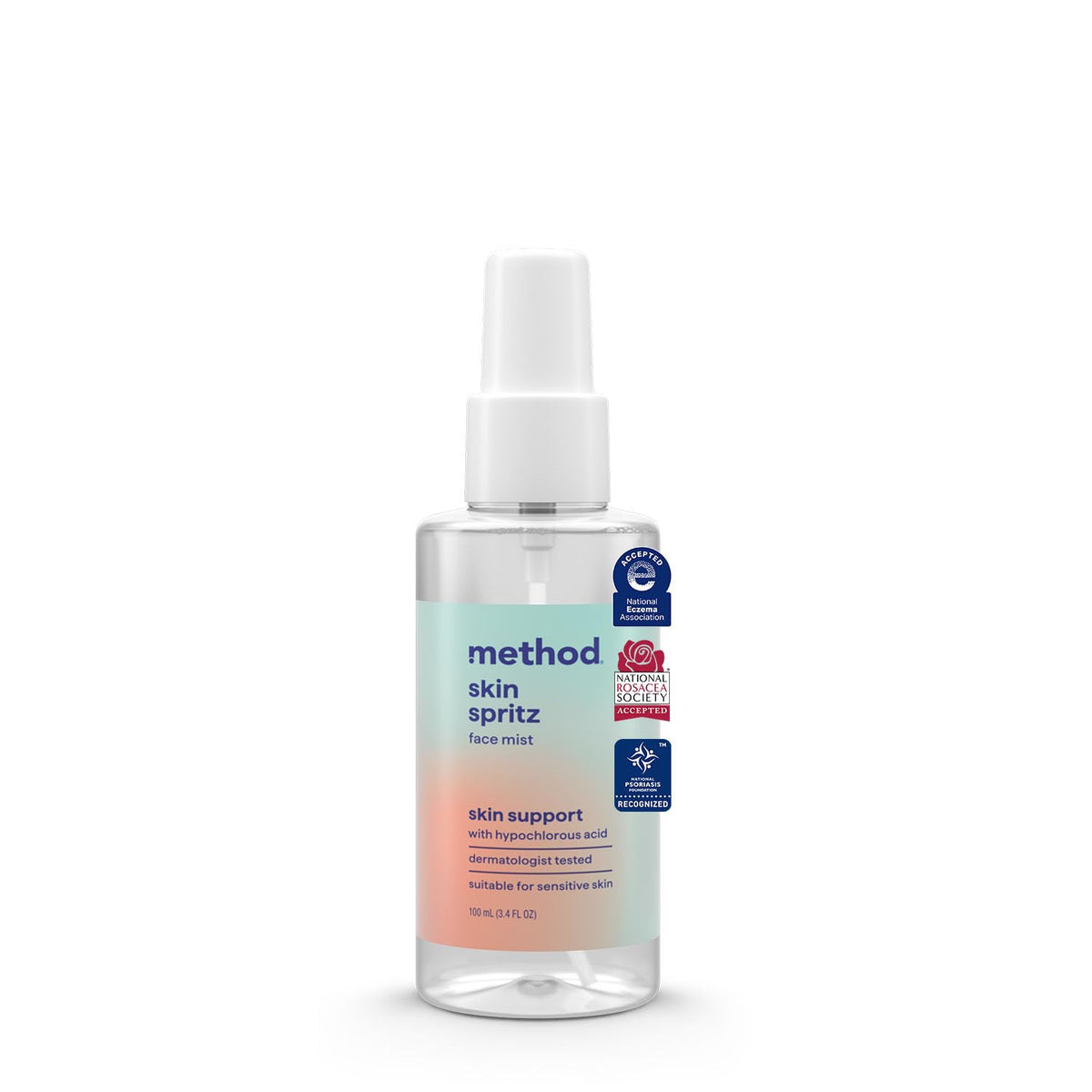 Method Skin Spritz bottle close-up, compact travel size for on-the-go refresh.