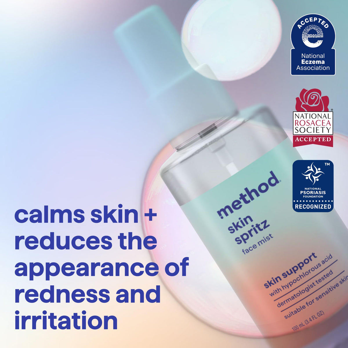 Method Skin Spritz mist application on clean face, calming effect.