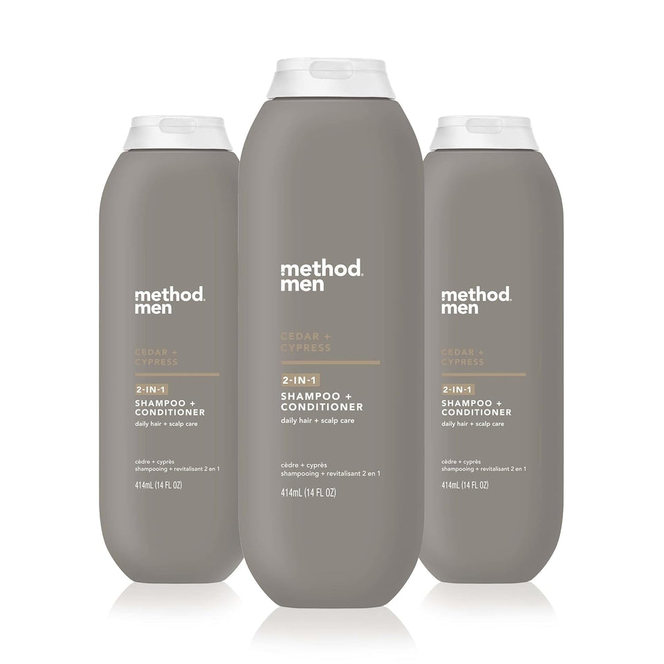Method Men 2-in-1 bottle with cedar-cypress scent for effortless cleansing.