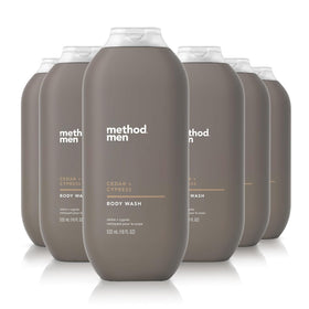 Method Men Cedar + Cypress body wash bottle with forest fragrance and quick lather.
