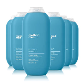 Method Men Body Wash Glacier Granite bottle under light, paraben-free formula for quick refresh after workouts.