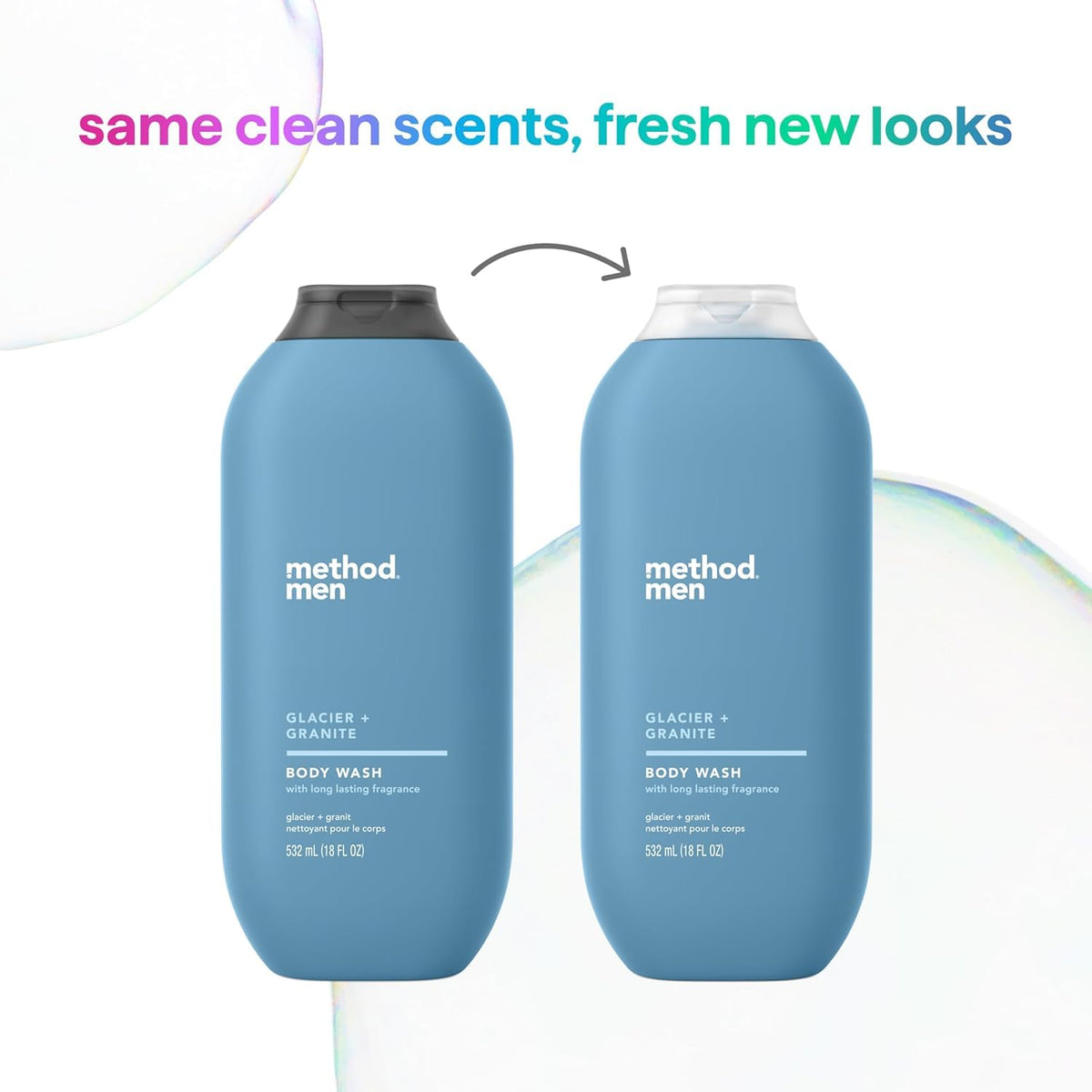 Method Men Body Wash Glacier Granite lather under running water demonstrates quick-lather performance.