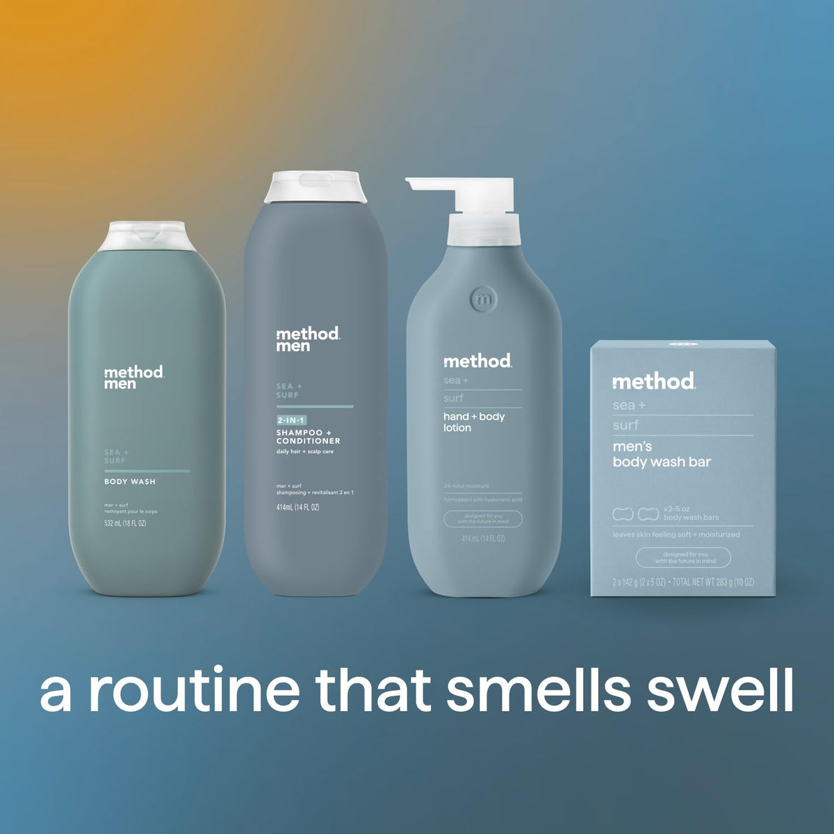 Method Men Body Wash Sea and Surf six-pack display for bulk value.