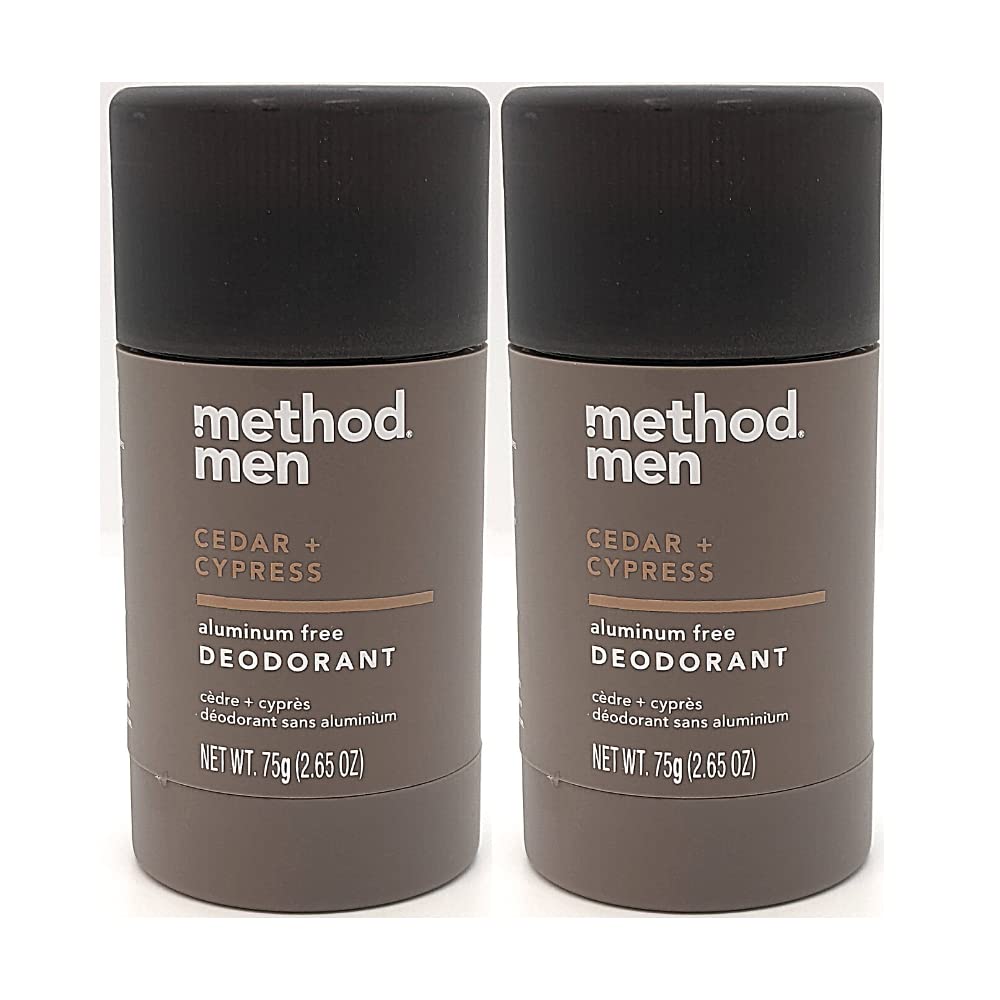 Method Men Cedar and Cypress deodorant bottle showing aluminum-free protection and fresh scent