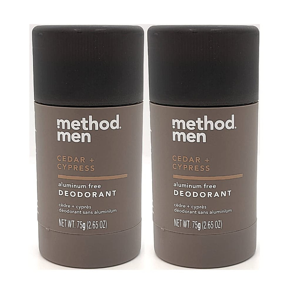 Method Men Cedar and Cypress deodorant bottle showing aluminum-free protection and fresh scent