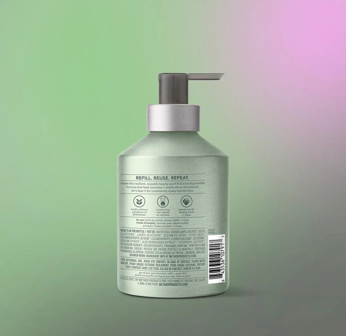 Method Premium Gel Hand Soap bottle label closeup with Sage + Wild Mint scent