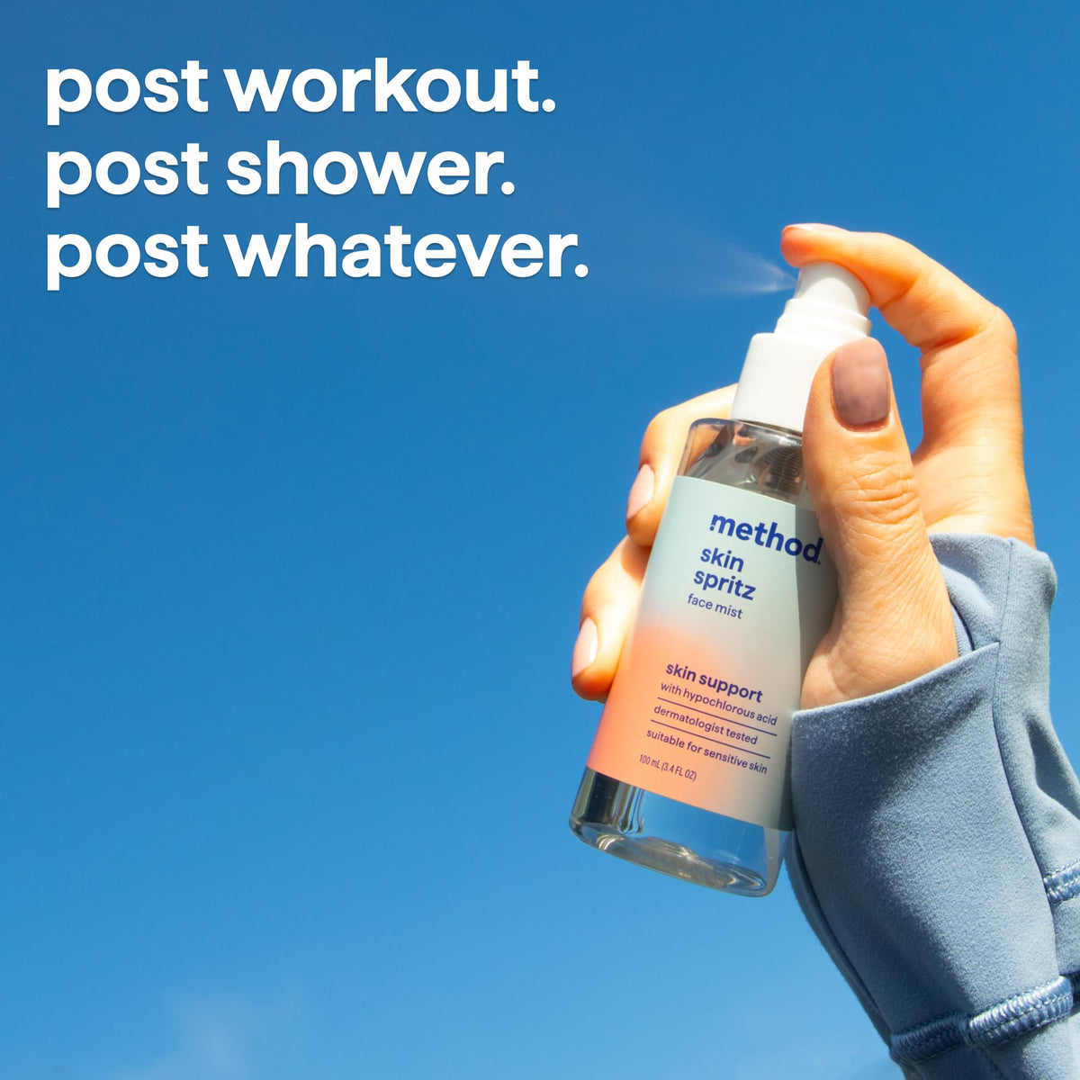Method Skin Spritz no-rinse use, quick refresh without residue.