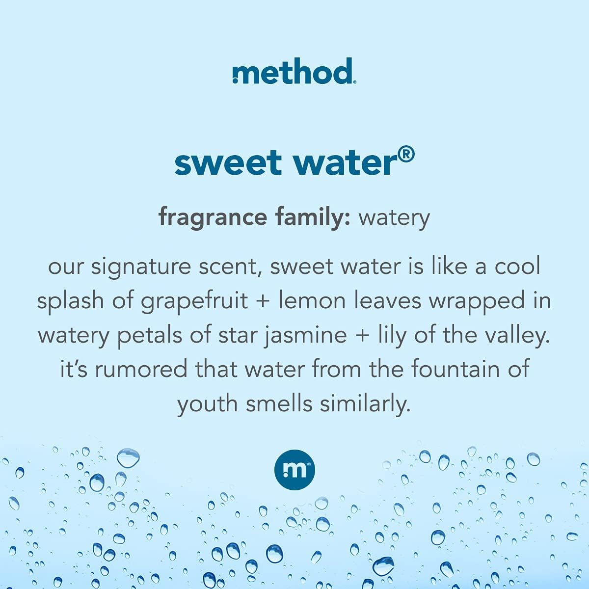 Close-up of Method Sweet Water bottle showing gentle cleansing and fresh scent