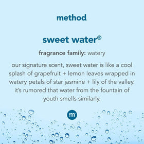 Close-up of Method Sweet Water bottle showing gentle cleansing and fresh scent
